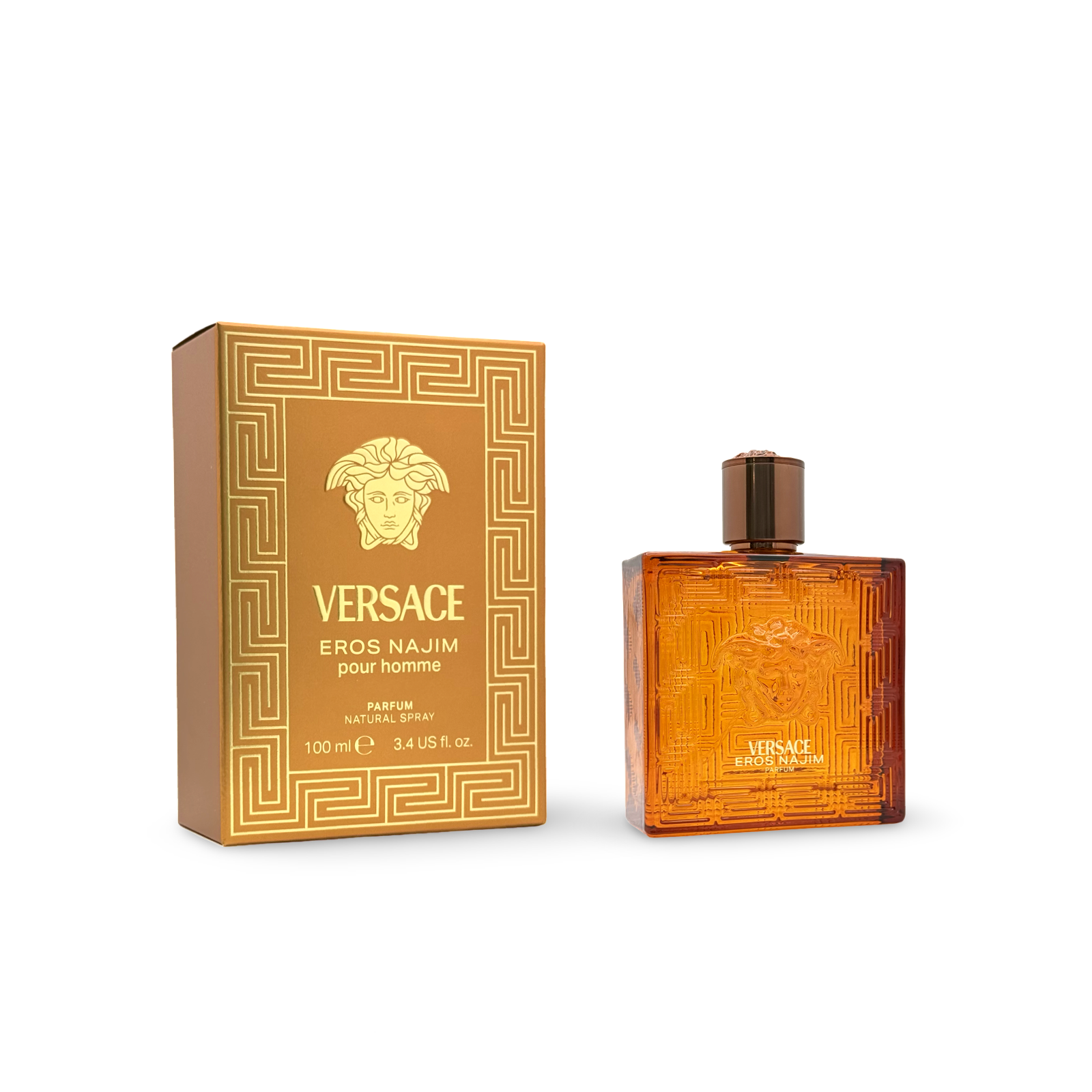 Versace Eros Najim perfume bottle and packaging on a white background