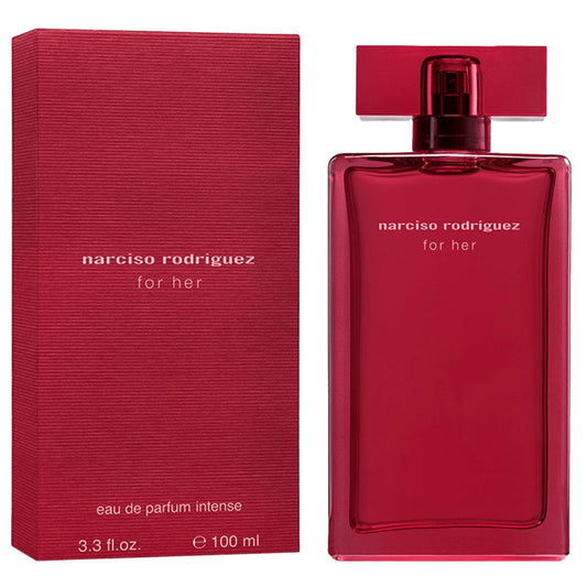 perfume bottle and box of narciso rodriguez edp intense for women on a white background