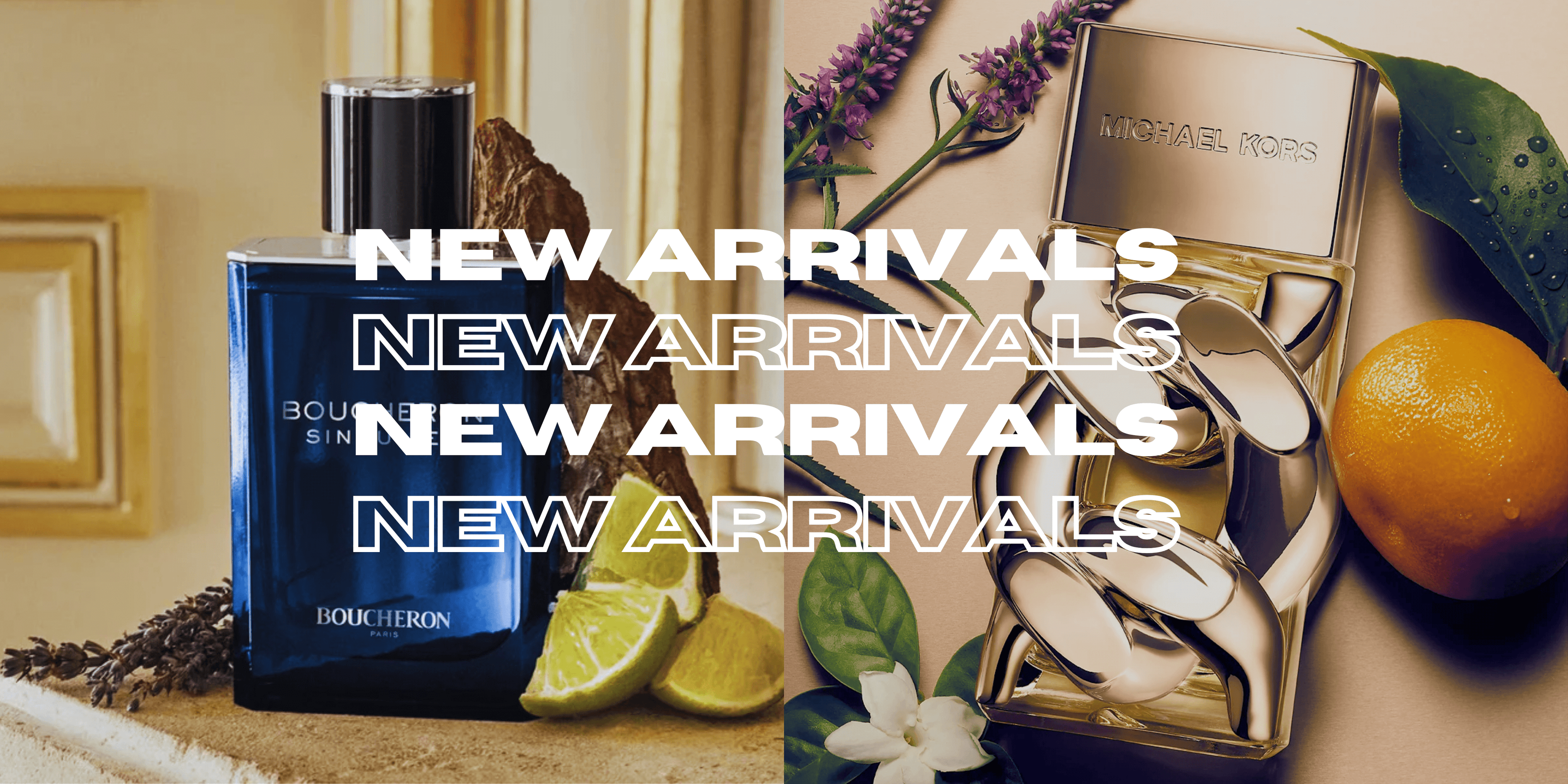 Perfume bottle with flowers and fruit, with 'New Arrivals' text overlay.