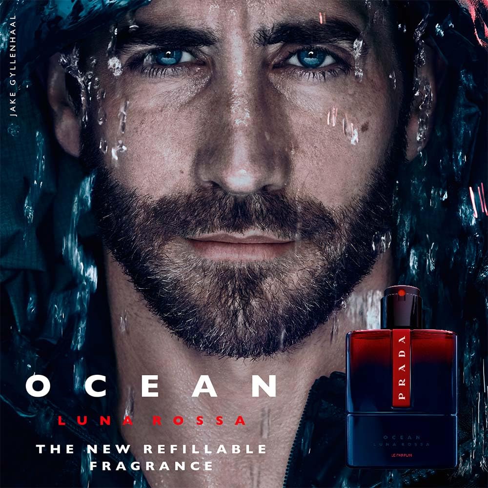 Promotional image for Prada Luna Rossa fragrance with a man's face and product.