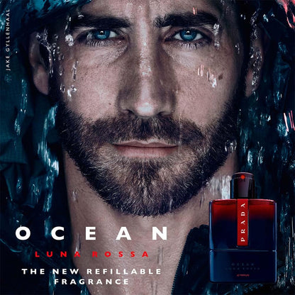 Promotional image for Prada Luna Rossa fragrance with a man's face and product.