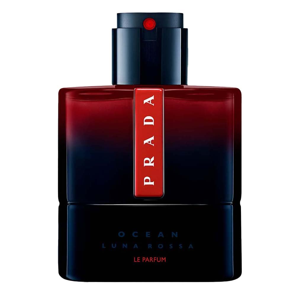 Prada perfume bottle with red and black design on a white background