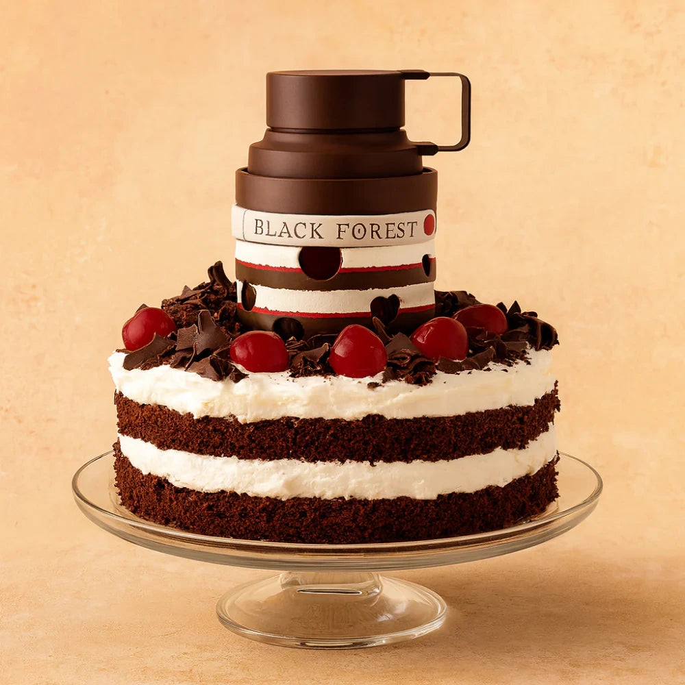 Chocolate cake with cherry toppings on a glass stand against a beige background