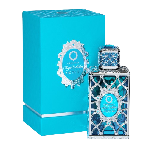 blue box of orientica victory perfume along with the bottle