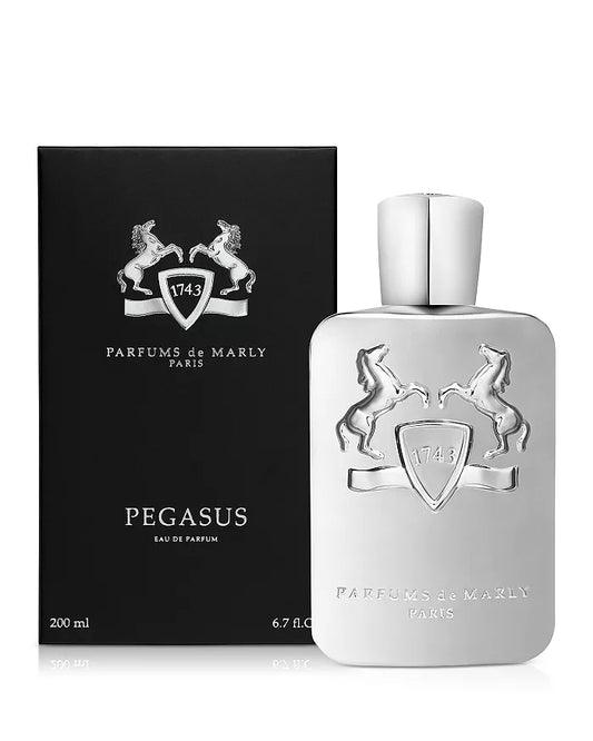 A bottle of Parfum De Marly Pegasus eau de parfum spray with its packaging box, featuring a black background and silver color scheme with the brand and product name displayed.