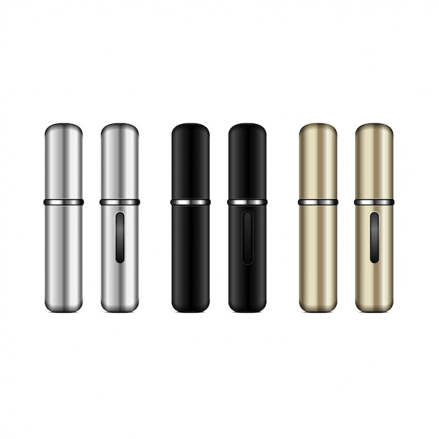 Set of six metal atomizers in different colors on a white background