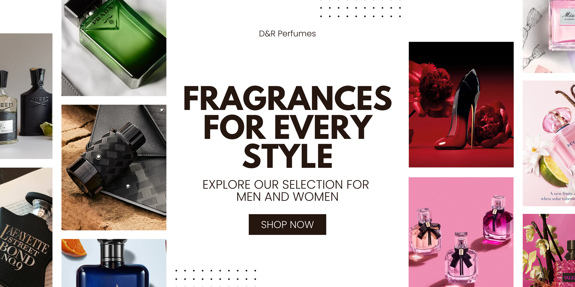 Promotional banner for D&R Perfumes featuring various perfume bottles and packaging with text 'Fragrances for every style'.
