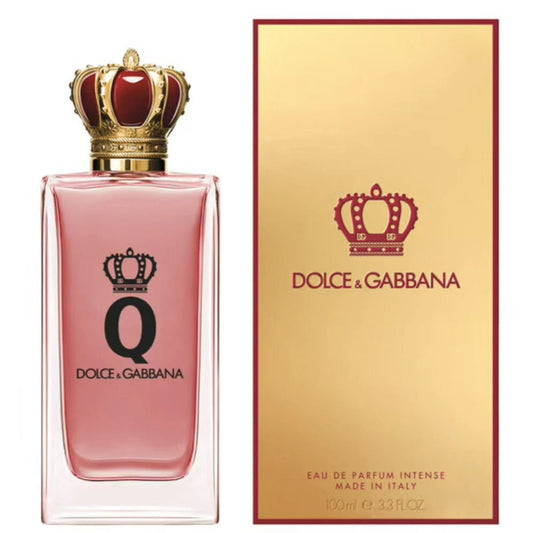 Dolce & Gabbana perfume bottle with gold cap and packaging on a white background