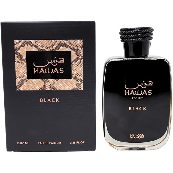Hawas Black perfume bottle and packaging on a white background