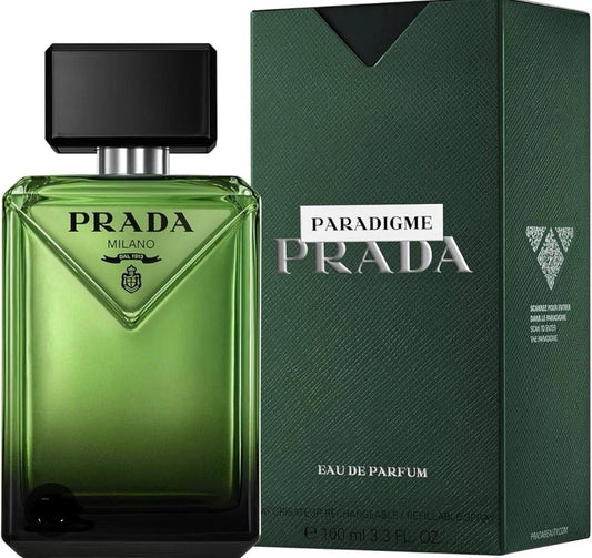 Prada Paradigme Eau de Parfum bottle and packaging on a white background