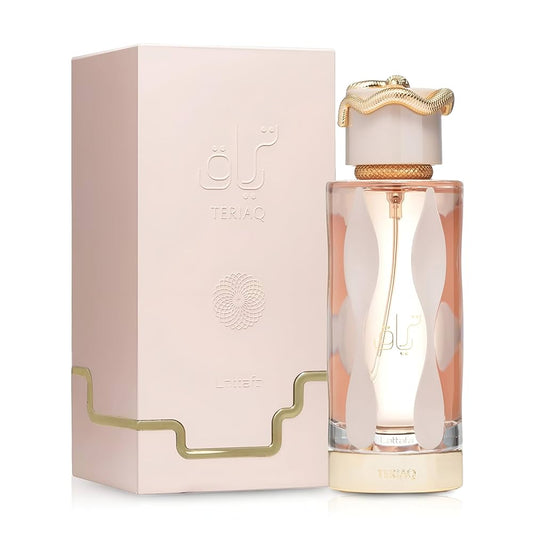 Perfume bottle and packaging with 'TERIAQ' branding on a white background