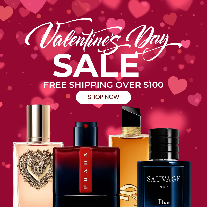 Valentine's Day sale advertisement with perfume bottles on a red background with heart shapes.