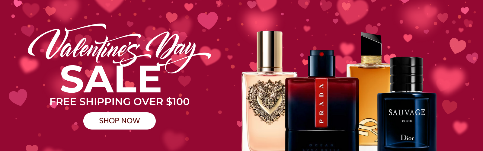 Valentine's Day sale banner with perfume bottles on a red background with heart shapes.
