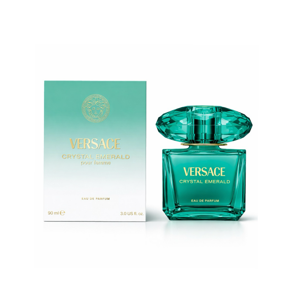 versace crystal emerald perfume bottle and packaging on a white background