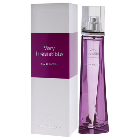 Purple Givenchy perfume bottle and packaging on a white background
