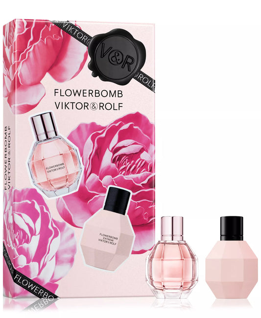 Viktor & Rolf Flowerbomb perfume set with packaging featuring pink roses.
