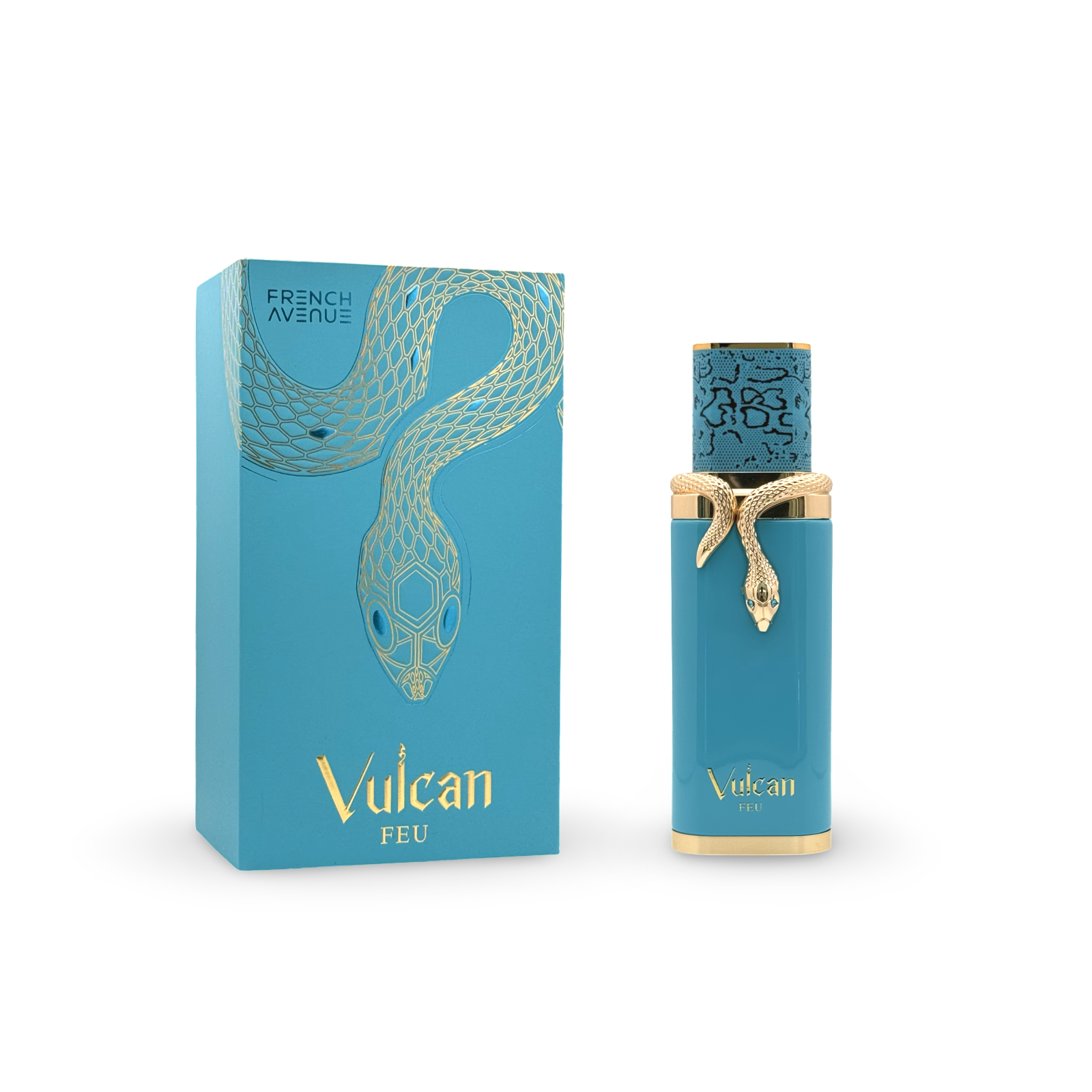 Blue and gold Vulcan FEU perfume bottle with packaging on a white background