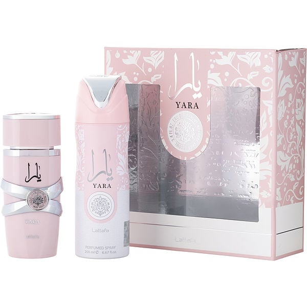 Yara perfume set with bottle, packaging, body spray on a white background