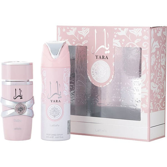 Yara perfume set with bottle, packaging, body spray on a white background