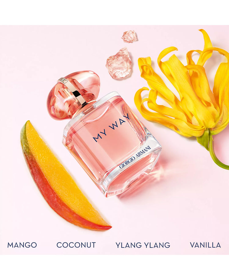 Giorgio Armani My Way perfume bottle with fruit slices on a pink background